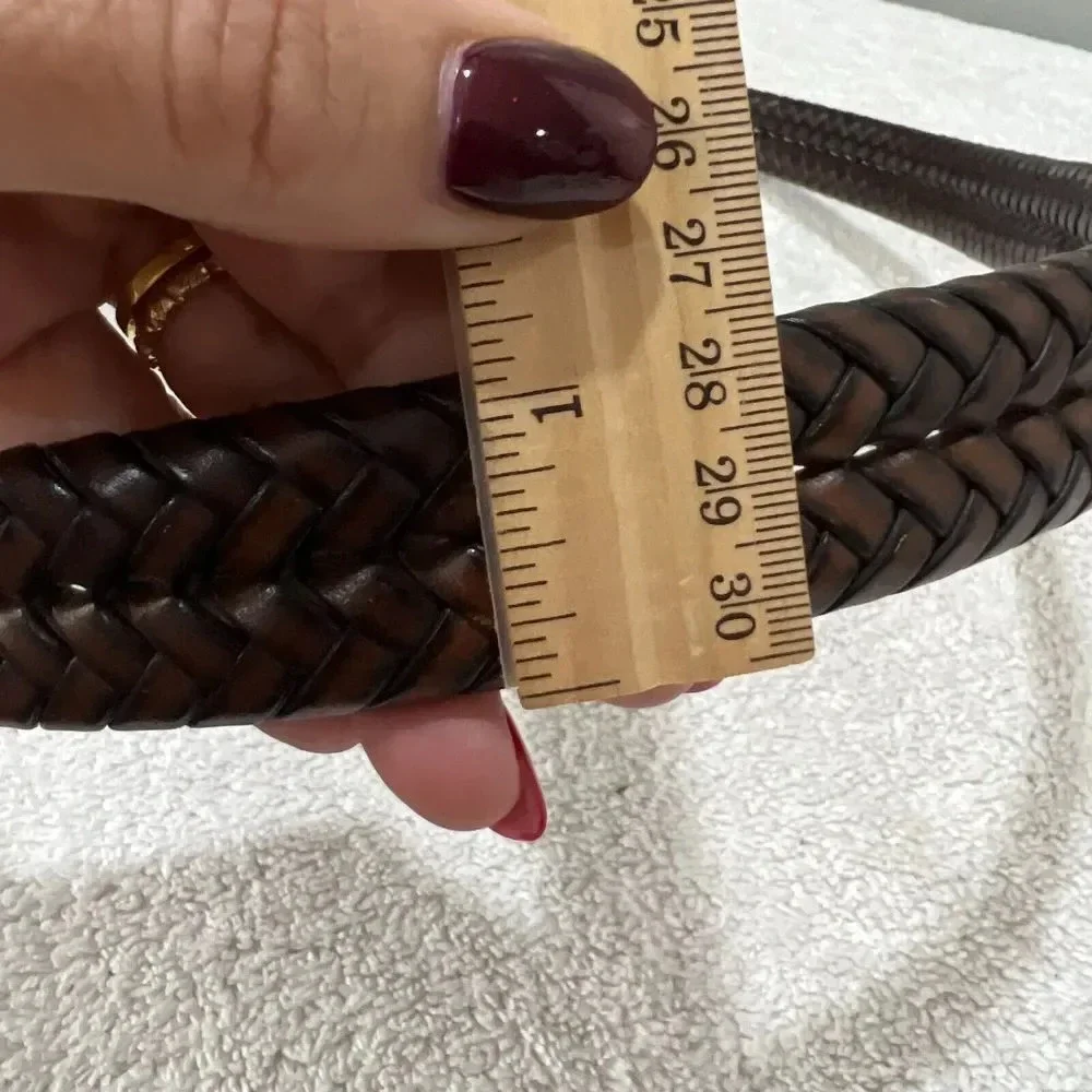 Fossil Mens Brown Woven Braided Leather Belt Size 110/M Solid Brass Buckle *Flaw